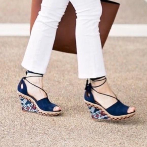 Cabi Isla Suede Beaded Wedge Espadrille Sandals Size 6 Shoes Navy Blue.  NWOT. - Picture 14 of 16